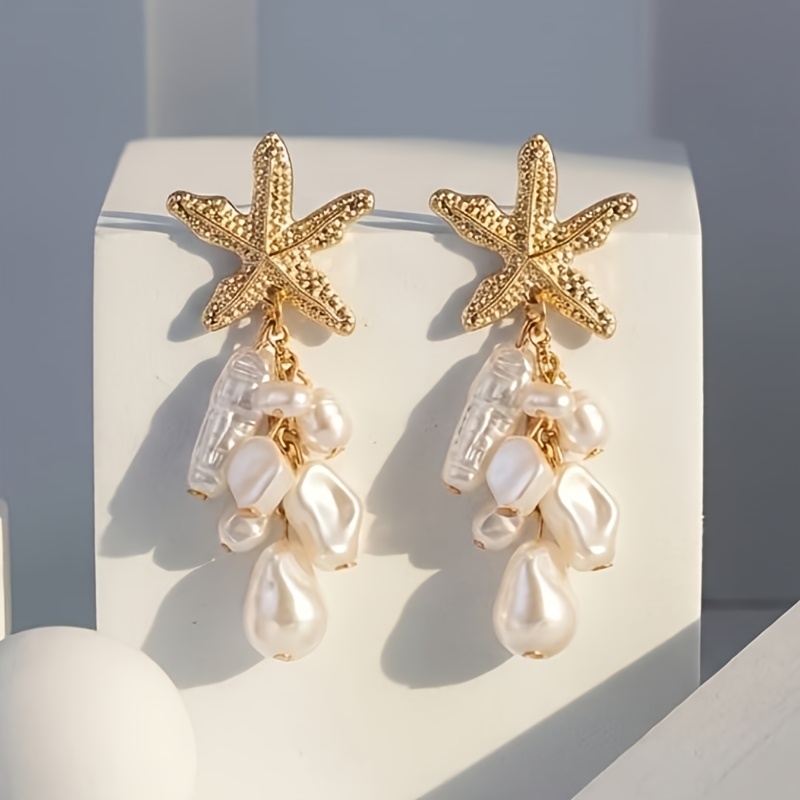 1 Pair Elegant Summer Bohemian Starfish Irregular Pearl Pendant Earrings, Suitable For Women', Casual, Beach Vacation Wear, Holiday Gift For Her