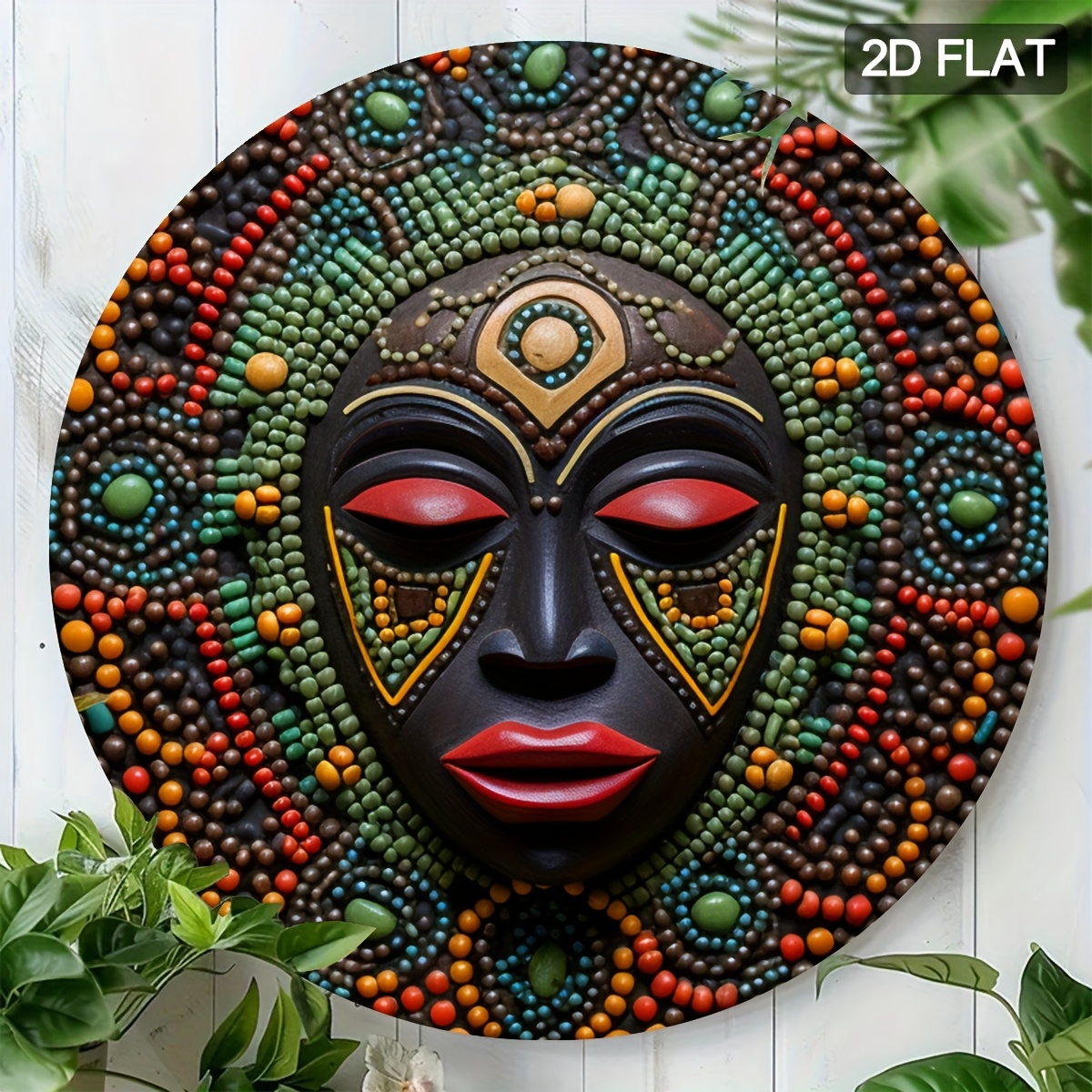TEMU 2d Flat, 2d Plane, 1pc Of Colorful African Mask Wall Art - 7.8 Inch Round Aluminum Decorative With Bead , Classic African Tribal , Bathroom,