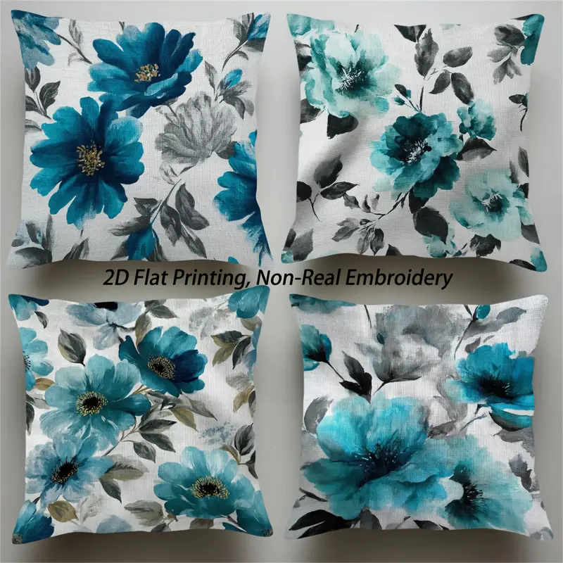 2d flat printing, 4pcs teal throw pillow covers, double-sided design, polyester, non-real embroidery, zipper, machine washable, contemporary style for sofa, bedroom, car, office decor - inserts not included, pillow for living room, beautiful modern cushion covers, bed pillows decor, sofa accessories, bedroom accents, floral pattern, durable fabric, covers, decorative pillows, interior designers, , 2d flat Product details 1