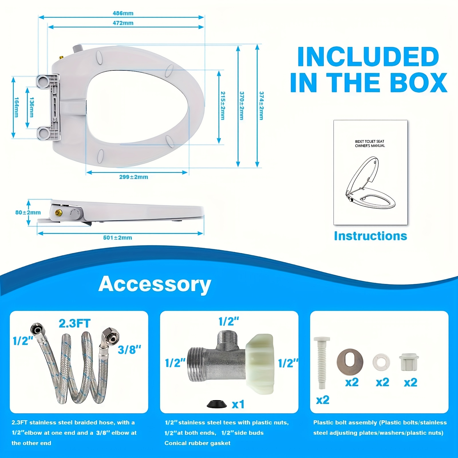 TEMU Non-electric Elongated Toilet Bidet Attachment & Seat With Dual Nozzle - Posterior&feminine Wash, Quiet-close Lid, Adjustable Pressure, ,
