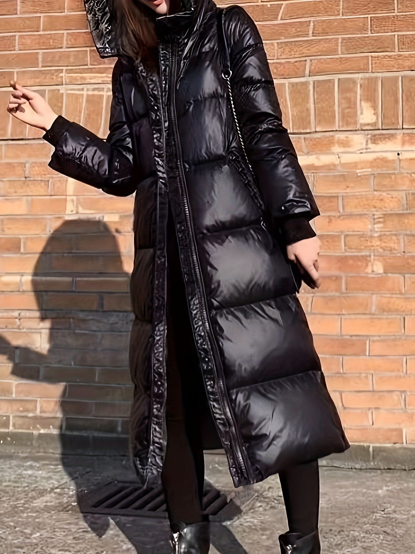 new thick winter black coat long shiny jacket women loose Temu