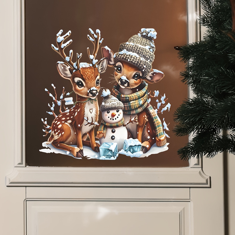 

Christmas Window Clings - Reindeer & Snowman Design, Removable Waterproof Pvc, Fully Transparent Uv Film For Glass Decor, 15x15 Inches