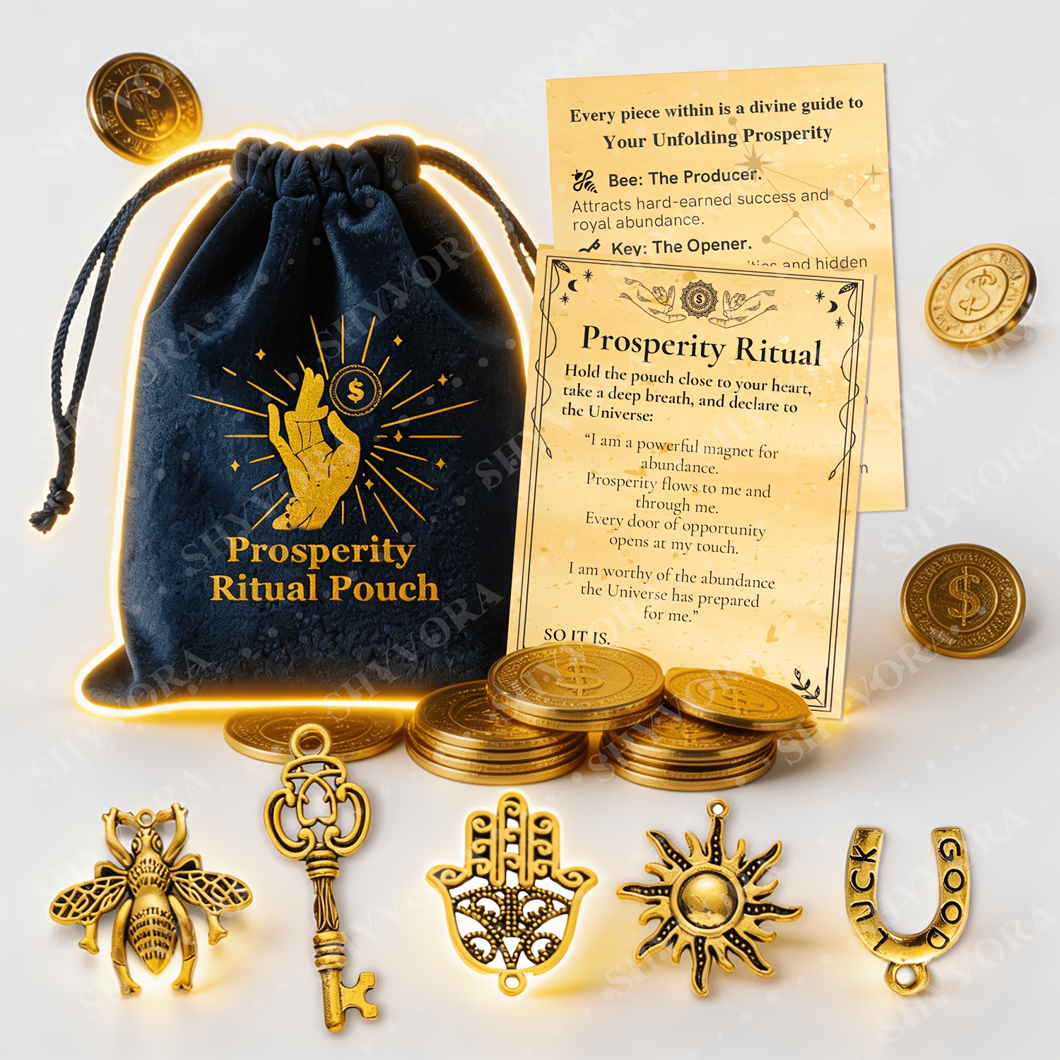 TEMU Gift For Her/him The Pouch, Multi-ltem Party Favor Packs, 5pcs Manifestation Set For Wealth & Luck, Navy Velvet Bag With Symbols & Affirmation