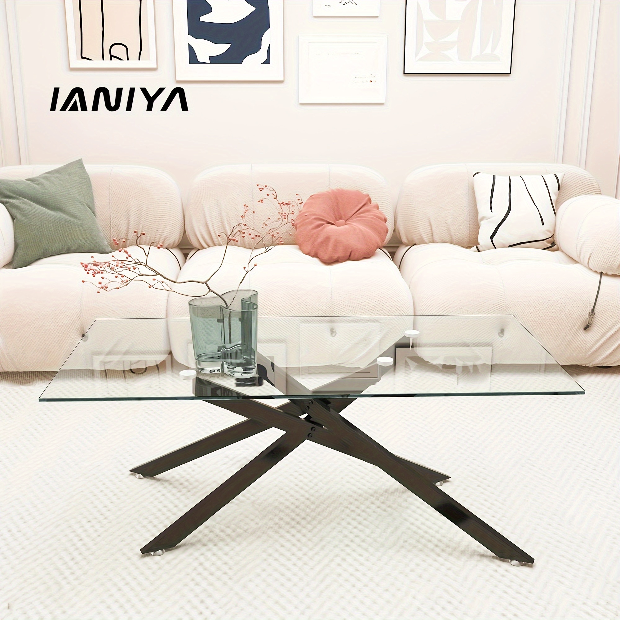 

Ianiya Modern Rectangular Tempered Glass Coffee Table, 39.37" With Black Metal Legs, No Required, Storage , For Living Room