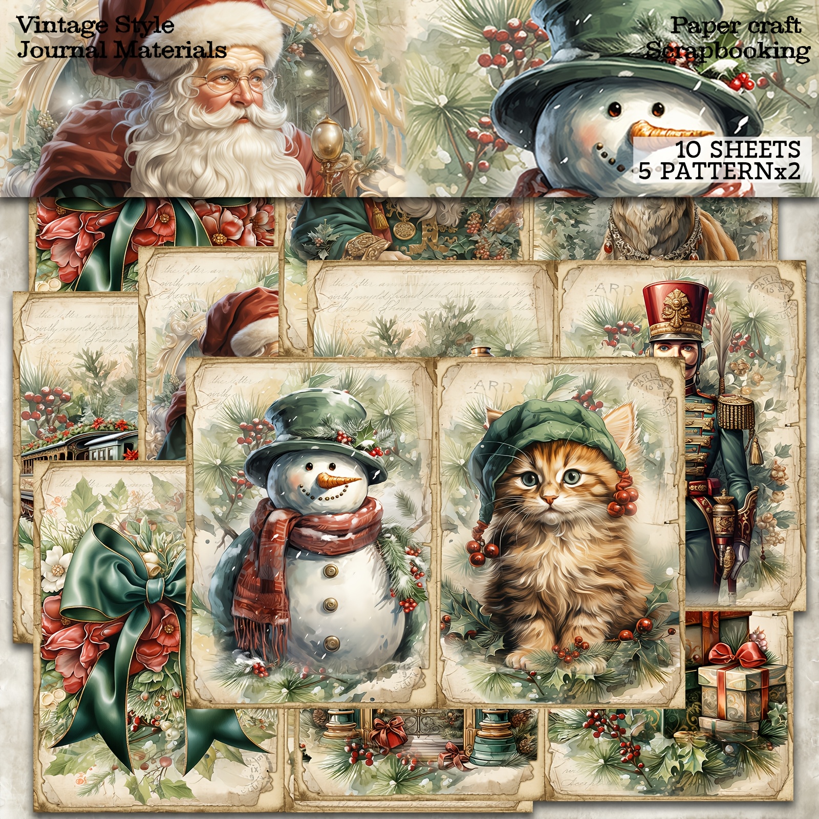 

10 Sheets Vintage Christmas Paper Craft Set, Background With Cat, Reindeer, Snowman, Bullet Journaling, Scrapbooking, Diy Crafts & Greeting Cards