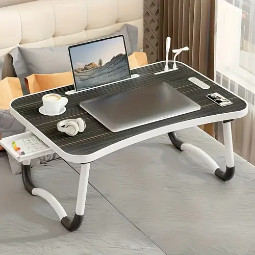 foldable laptop table portable laptop desk bed with usb light and small fan table tray laptop stand with cup holder tablet slot lifting handle for working writing drawing and eating