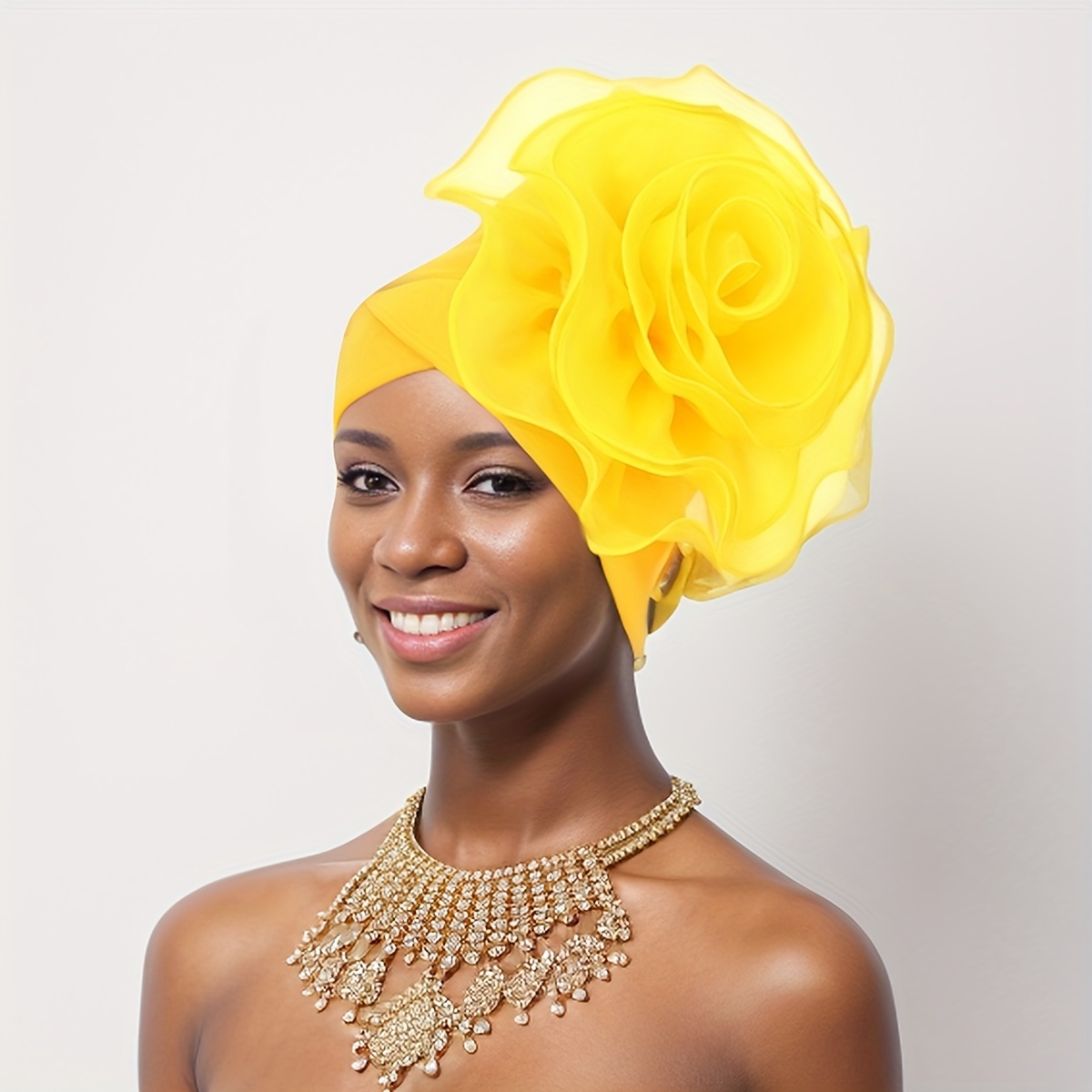 

Elegant Women's Fashion Turban Hat With Large Side Flower - African Ethnic Style Headwrap For Evening Dinners And Parties - 100% Polyester Knit Fabric, Elastic Fit, No Feathers