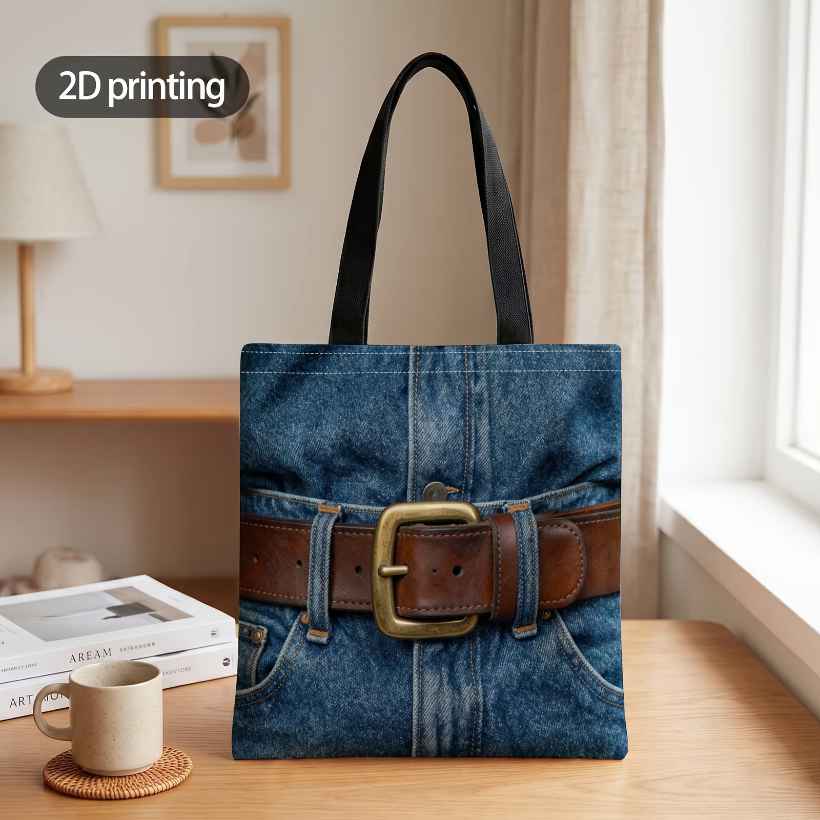 TEMU 1pc 2d Printed Handbag With Classic Belted Style Pattern, Reusable Fashion Shoulder Bag Handbag Shopping Tote Bag Suitable For Shopping Office