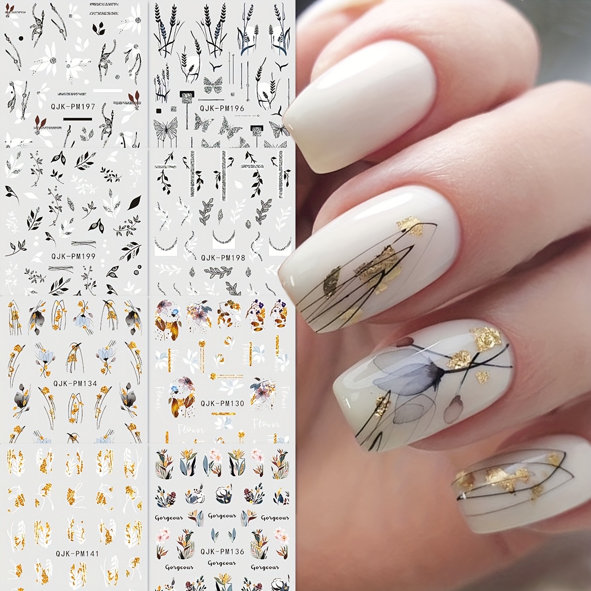

8 Sheets Spring Flower Golden And Silvery Glitter Powder Nail Sticker Flower Nail Self Adhesive Nail Art Decoration Nail Art Supplies For Women And Girls