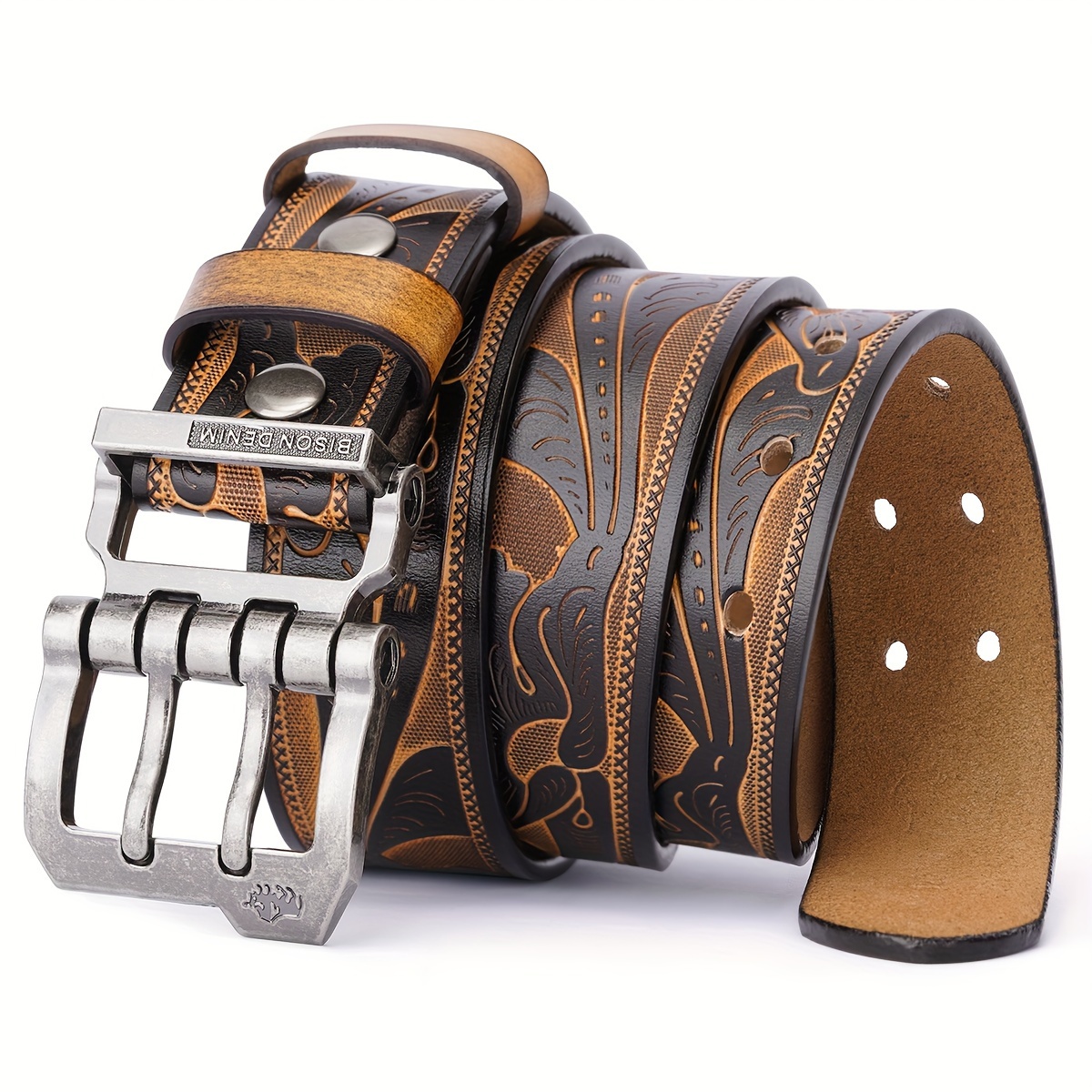 

Men's Leather Belt With A Stylish Double Pin Design, Featuring A Vintage Print, Western Cowboy Style And Casual Fashion, Ideal As A Holiday Gift For Men.