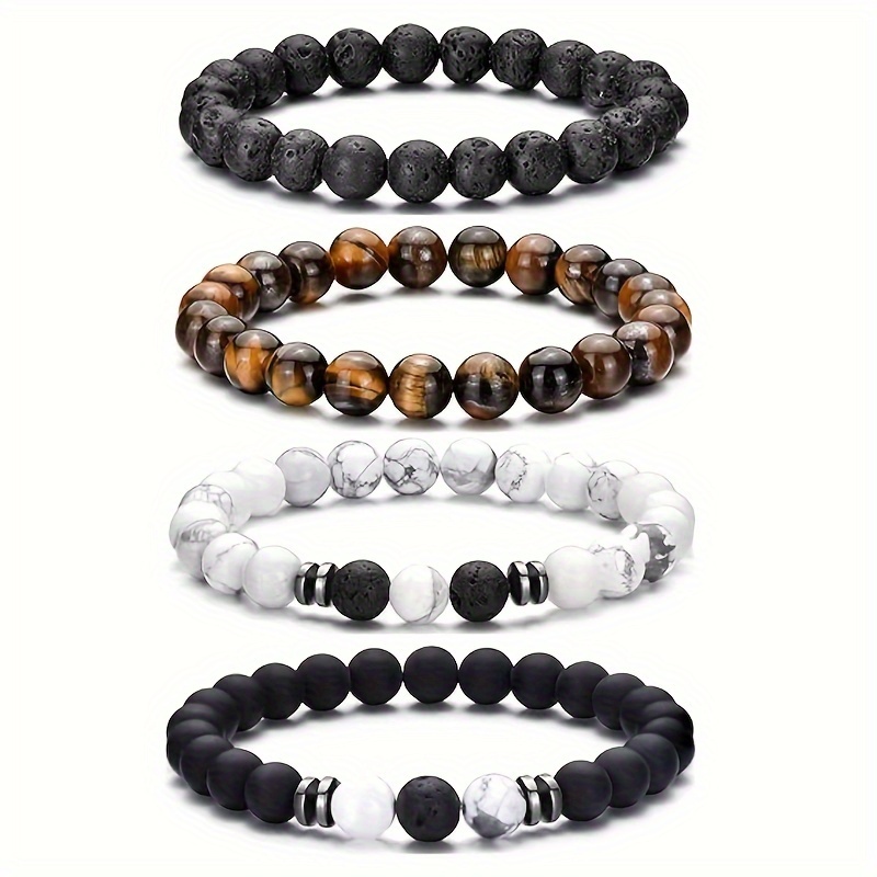 

4pcs Tiger Eye Bracelet Men 8mm Stone Bead Bracelet Set Stretch Lava Bracelet Adjustable Black Artificial Crystal Beaded Bracelet Suitable For Men Women Gift