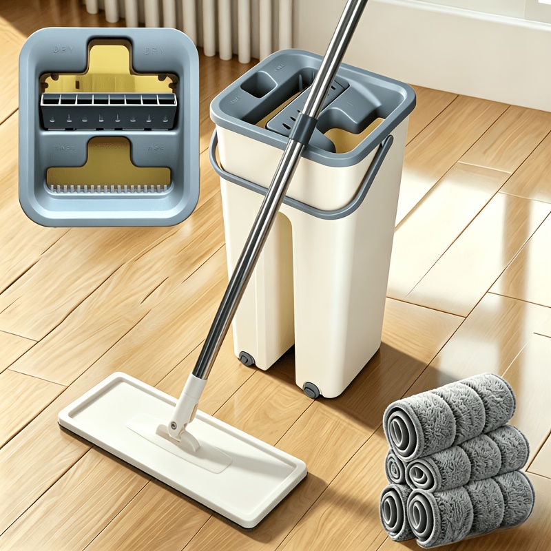 TEMU 7pcs Set (1 Bucket + 1 Mop + 5 Mop Pads) Household Mop And Bucket Set, Equipped With 5 Replaceable Microfiber Pads! 360° Flexible Rotating Flat