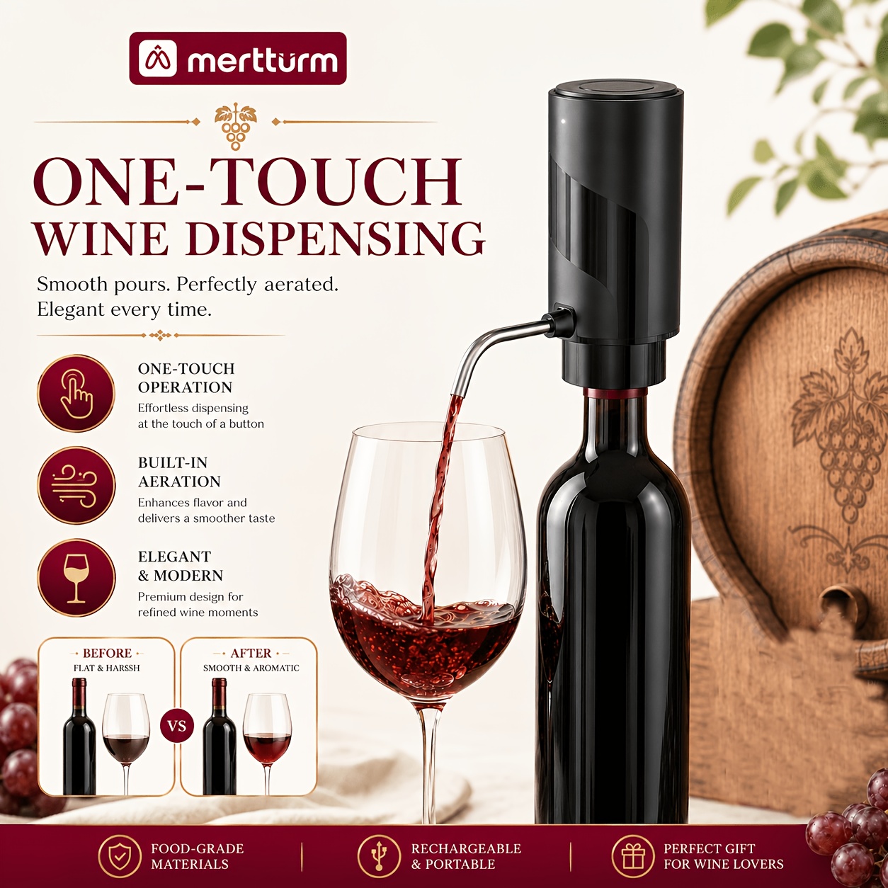 Image of Electric Wine , Pour Wine Instantly With Of A Button, Rapid Aeration For Smoother Taste , Long-lasting Usb Charging, Drip-proof Silicone Stopper