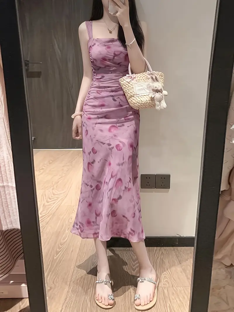 Pink Spaghetti Strap Floral Print Summer Dress for Women, High-End French Style, Waist-Cinching, And Body-Hugging Long Dress Pink Spaghetti Strap Floral Print Summer Dress for Women, High-End French Style, Waist-Cinching, And Body-Hugging Long Dress