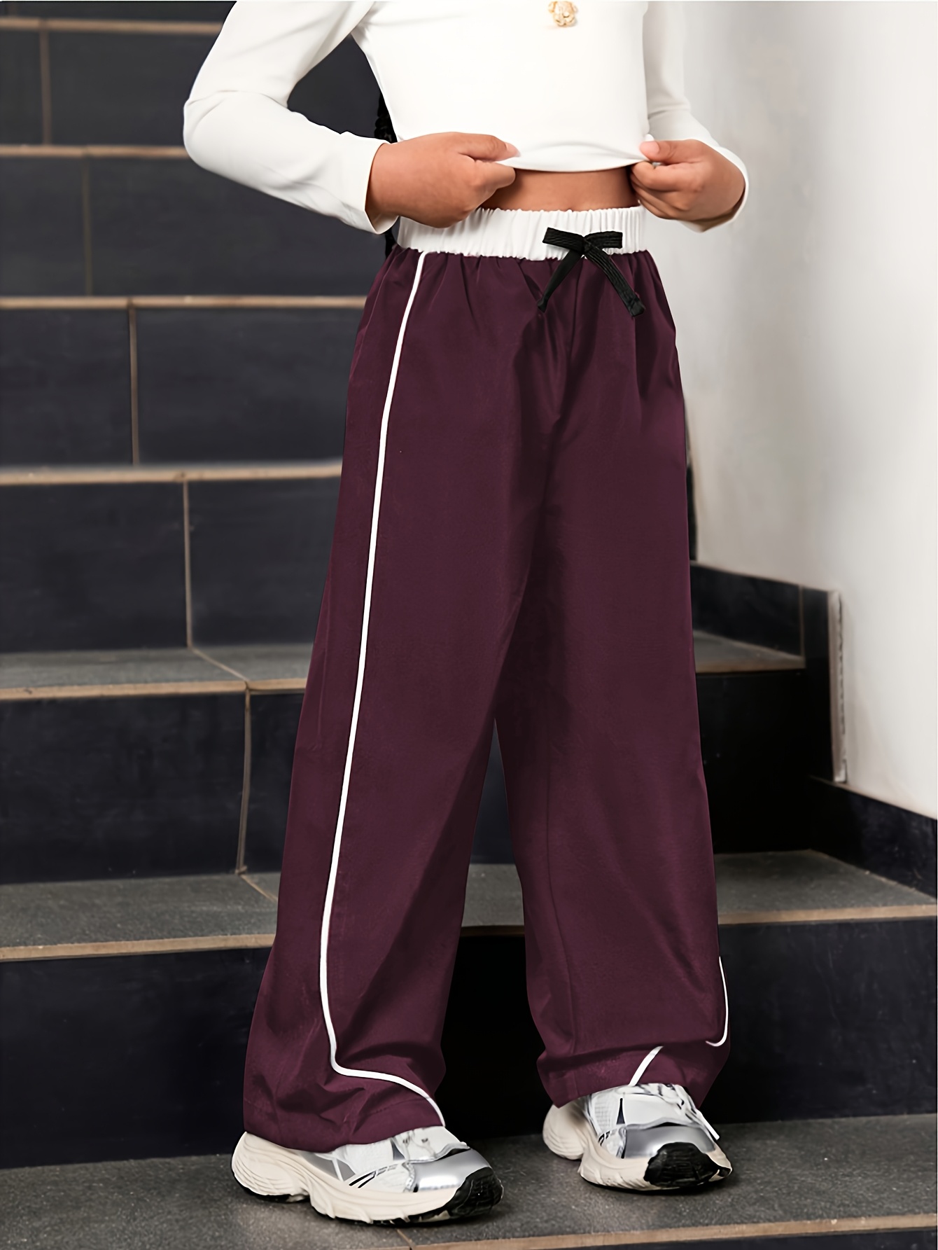 Girls' Color-Block Webbing Windproof Cargo Wide-Leg Pants