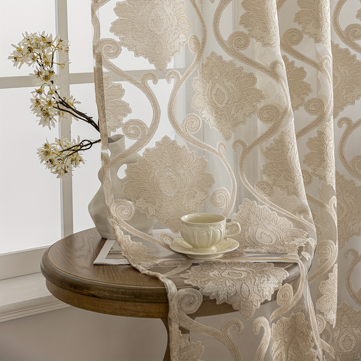 2 Panels Luxurious Exquisite Jacquard Sheer Curtains, Hanging, Suitable For Bedroom, Living Room, Room Partition, Home Decor