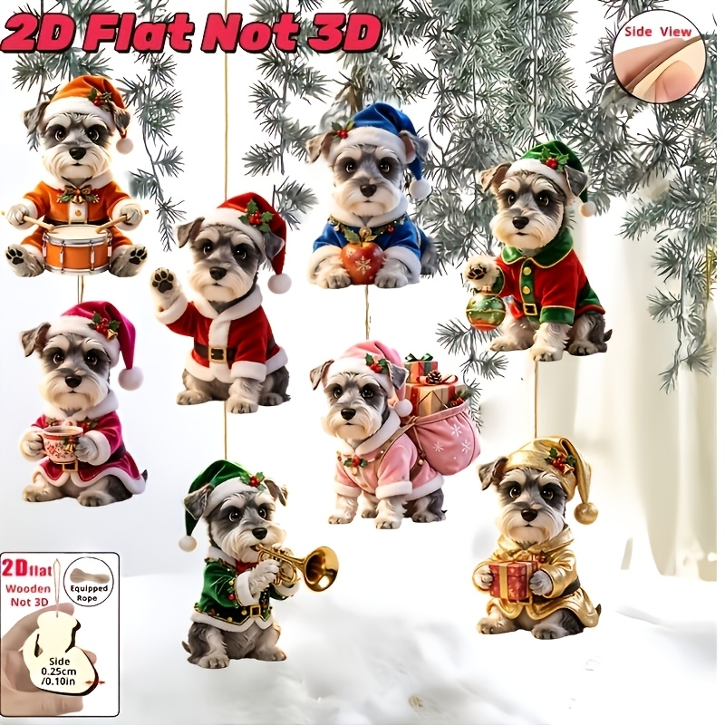 TEMU 2d Flat, 2d Flat Plane, 8pcs Grayish-white Schnauzer Wooden Ornament Set - 2d Flat-back Christmas Tree Topper And Collectible Hanging Ornaments,
