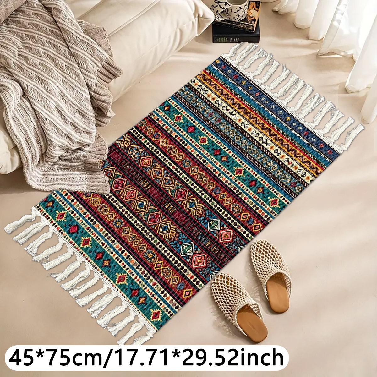 TEMU 1pc Bohemian Style Ethnic Floral Pattern Printed Home Decor Rug, Non-slip Bottom Faux Material Washable With Tassels And Knots, Full , Suitable