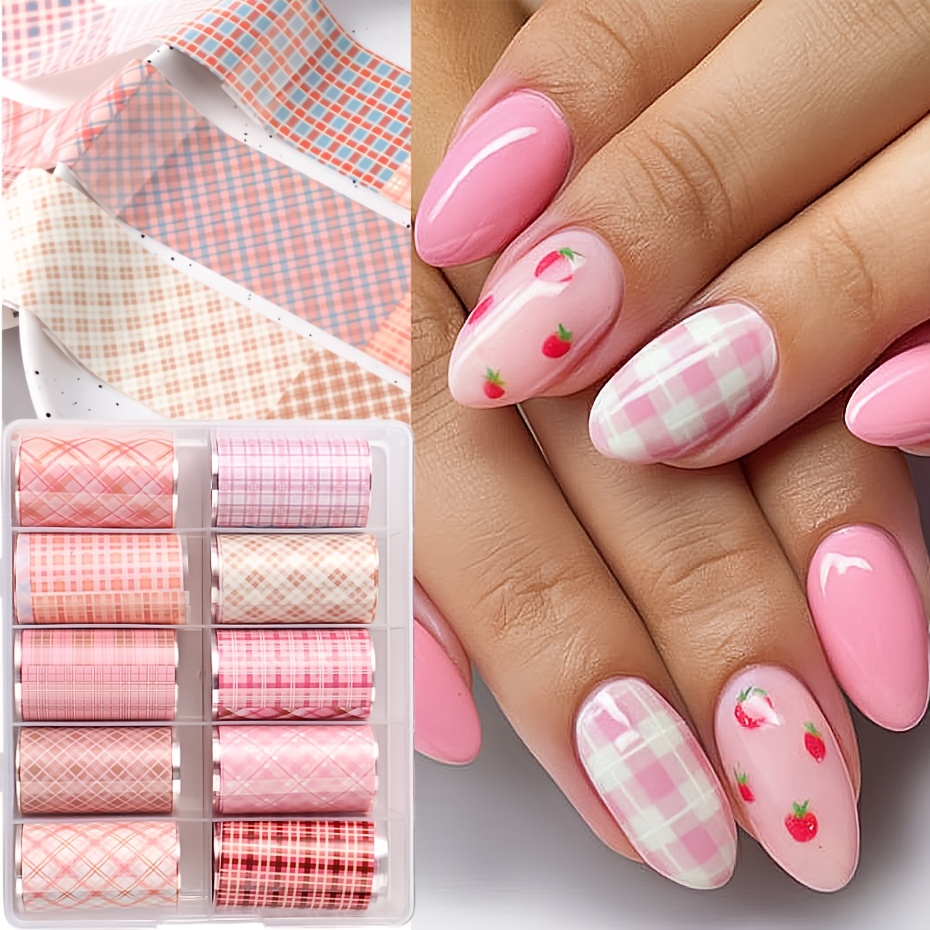 TEMU 10pcs/box Pattern Nail Foils Transfer Stickers Pink Checkered Starry Sky Series Smooth Transfer Paper Nail Stickers Painted Nail Art Decoration