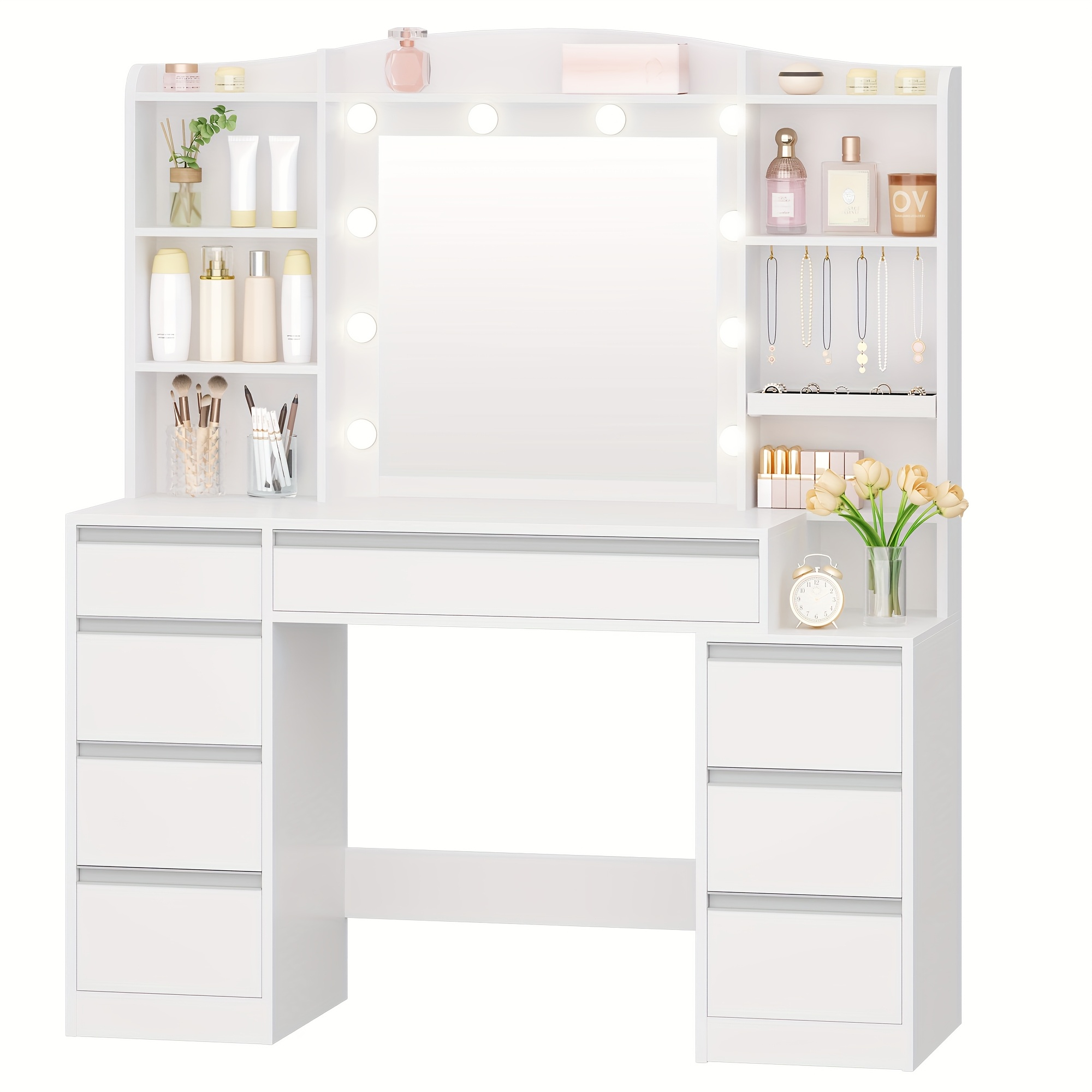 Dressing Table With 8 Drawers, Large Mirror With Rgb Led Lighting, Integrated Jewelry Shelf, 120cm Wide Worktop With Bedside Table, White