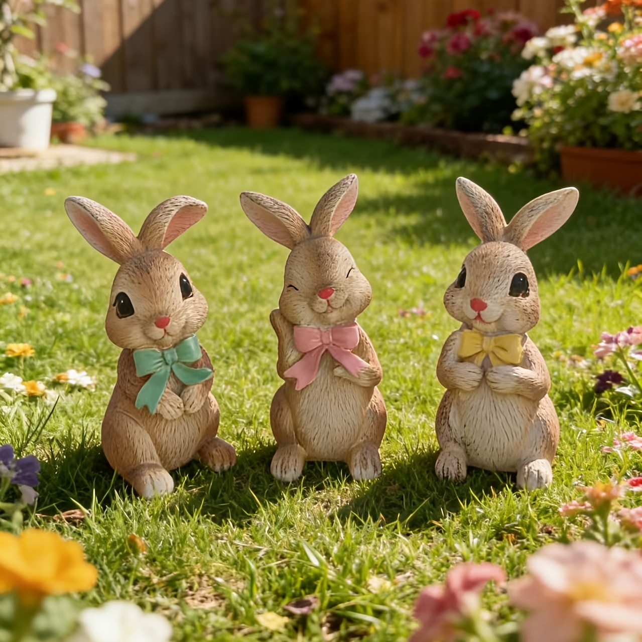 3pcs cute resin rabbit statues with bow ties creative cartoon home decor for outdoor ideal easter gift
