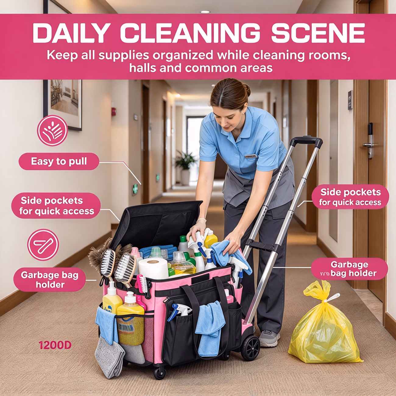1200D Large Rolling Cleaning Caddy Bag with Detach...