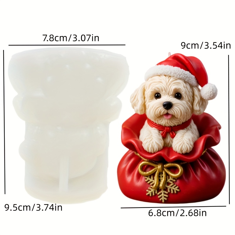Image of Silicone Mold For Resin In Of A Dog Wearing A Christmas Hat, From A Gift Bag With A Bow, Perfect For Cute Dog-shaped Candles And Decorative Items For Christmas