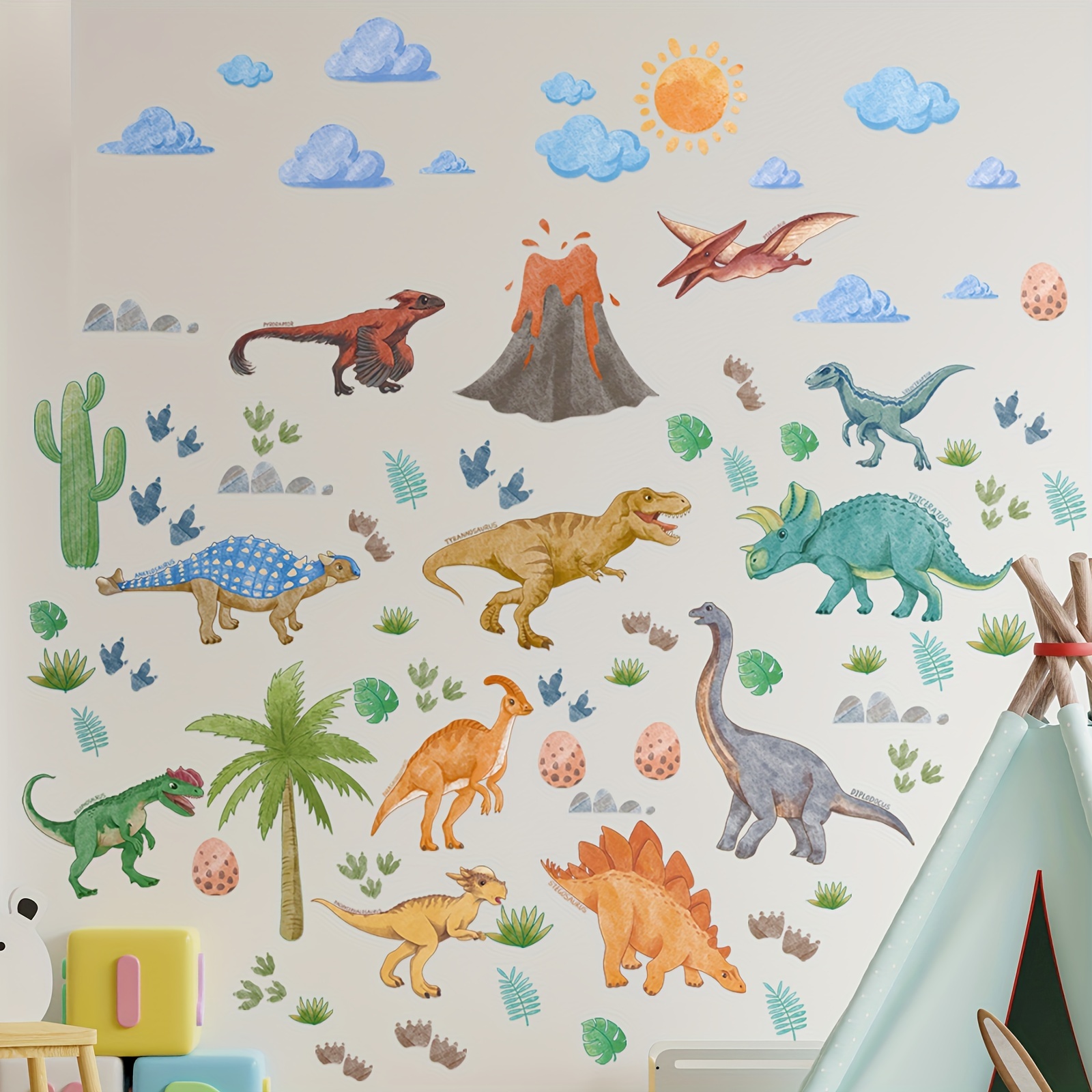 11 dinosaur wall decals large cactus and palm leaf stickers for bedroom living room playroom reusable pvc art gift tropical cartoon theme home decor 0