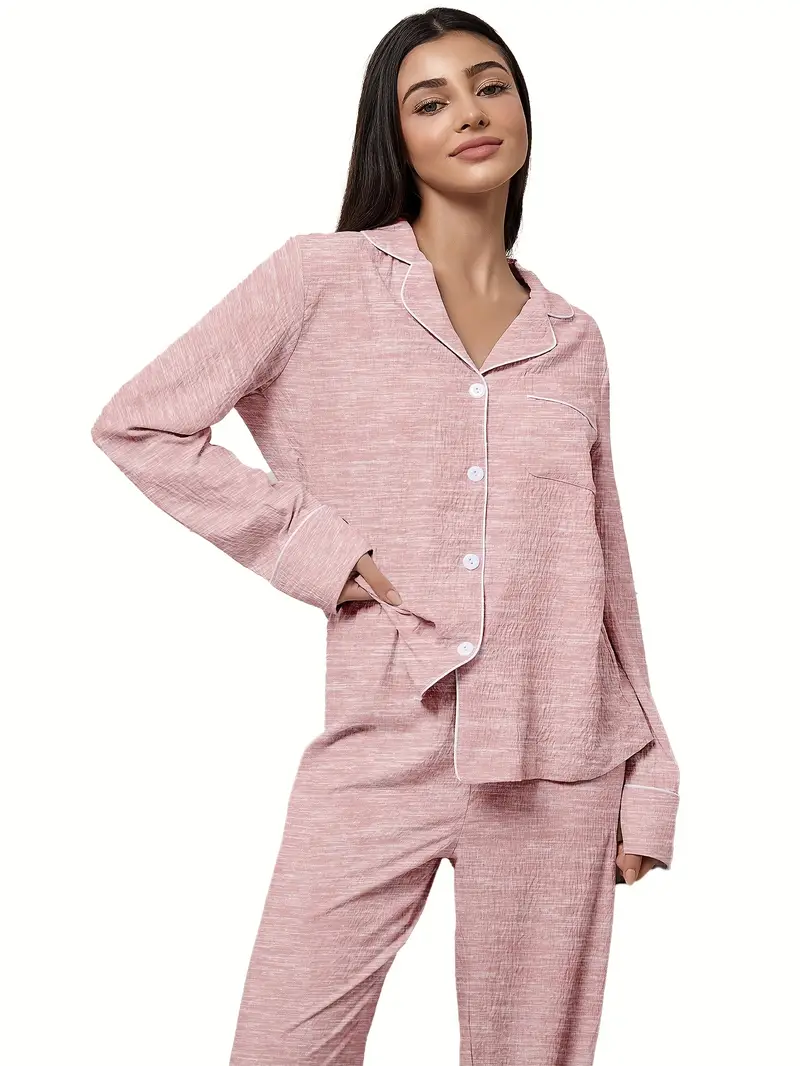 3 sets of 6pcs womens casual polyester solid color long sleeved top long pants sleepwear set fabric long sleeved lapel top with loose pants wear outside Product details 7