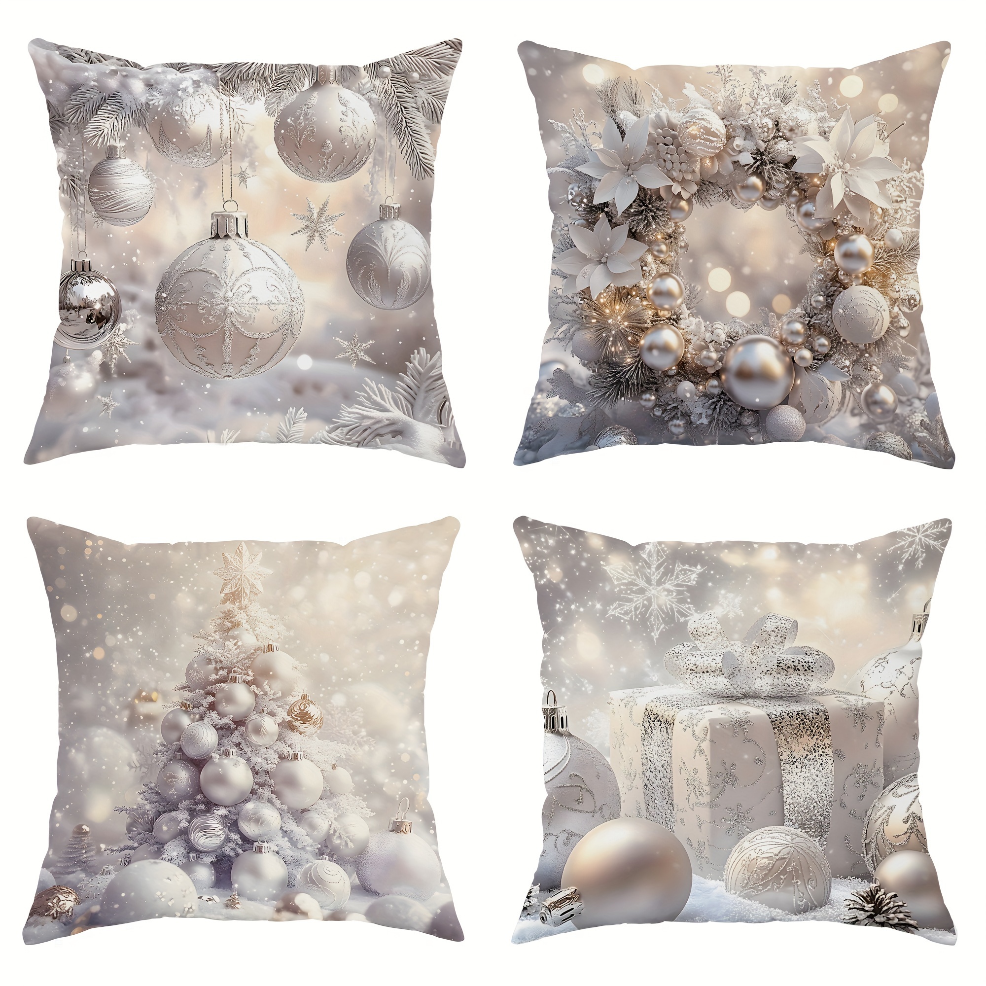 

4pcs Christmas Wreath Silvery Pillowcases 1 Sided 18in*18in For Bedroom Sofa Bed Decor Inserts