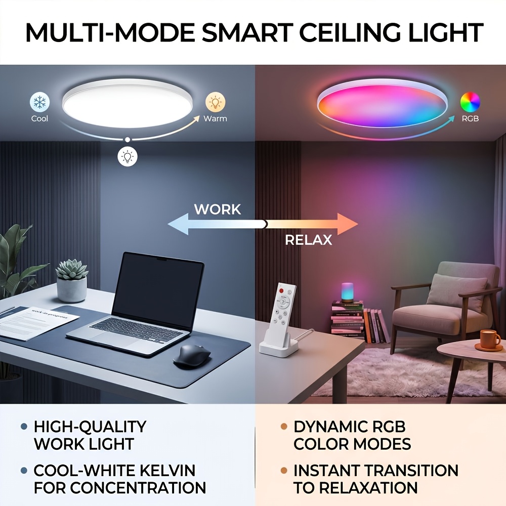 30W Smart LED Ceiling Light, Wifi & Bluetooth Dimmable RGB Fixture