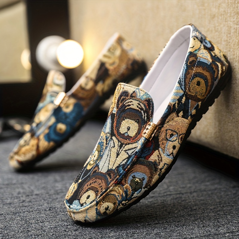 mens cartoon bear color block pattern slip on canvas loafer shoes comfy non slip rubber sole durable walking shoes mens footwear men s shoes details 1