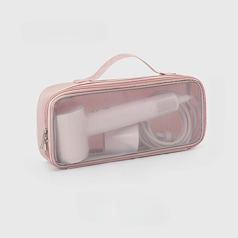TEMU 1 Sac de Rangement pour Sèche-Cheveux, Fixation Murale Perçage, Sac de Rangement Transparent Portable de Voyage en pour Cosmétiques et Fer à