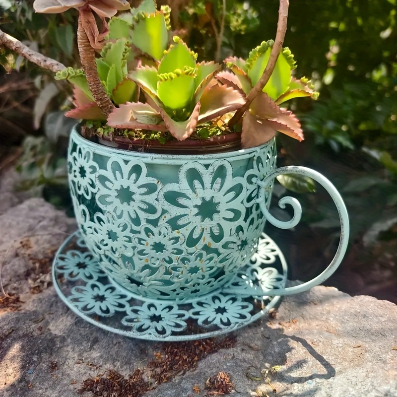 TEMU Pot de fleurs tasse à café rustique en fer avec motif floral - Pot de fleurs décoratif léger en métal pour intérieur/extérieur, convient aux