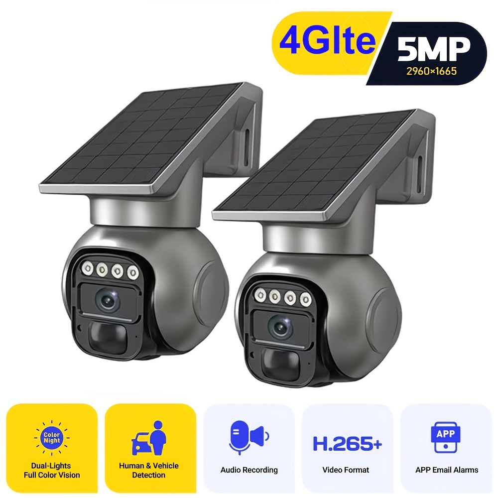 TEMU 1-2pcs - 4g Lte Solar Security Camera, Wireless Outdoor, No Wifi Needed, Solar Powered Camera, 360° , 5mp Hd Night Vision, Audio, Waterproof,