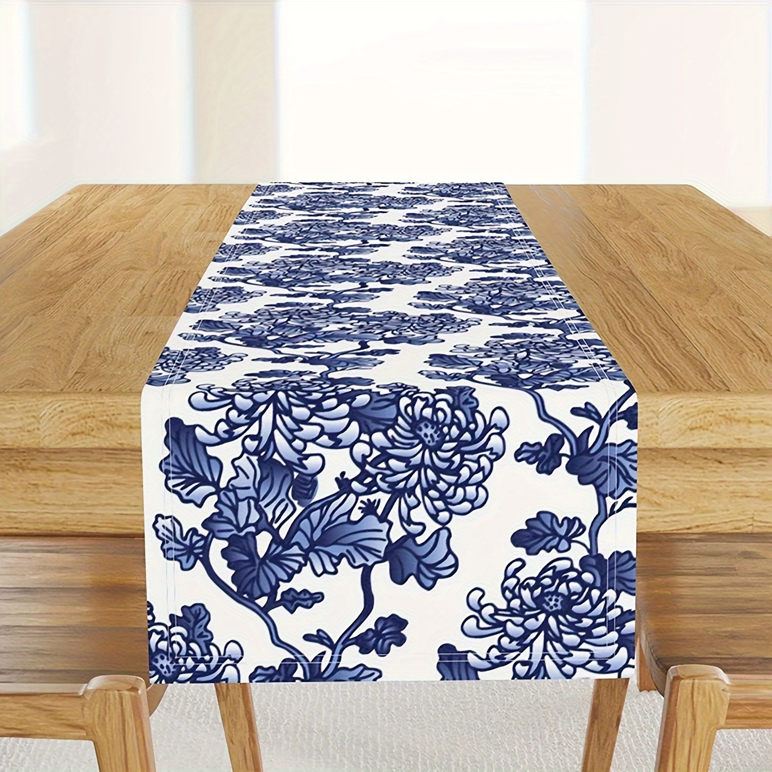 

Blue And White Floral Table Runner - Spring Peony Design, Woven Polyester, Rectangular Chinese Style Home Kitchen Decor, 100% Polyester Table Flag