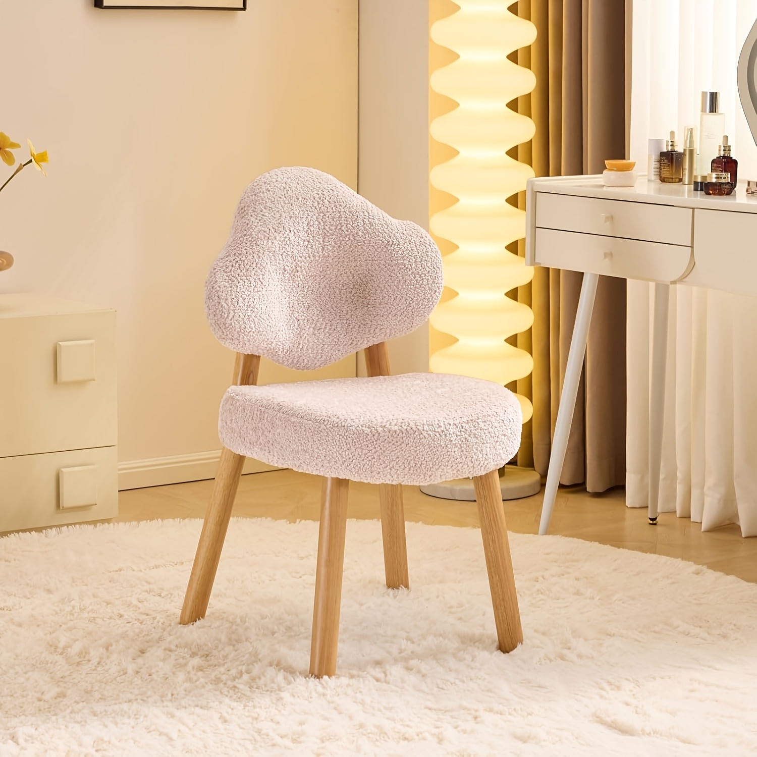 Bonnlo Cute Armless Vanity Chair | Modern Desk Chair With Wood Legs, Plush Chenille Velvet Cloud-Back Comfy Makeup Accent Chair For Bedroom Living Room Office