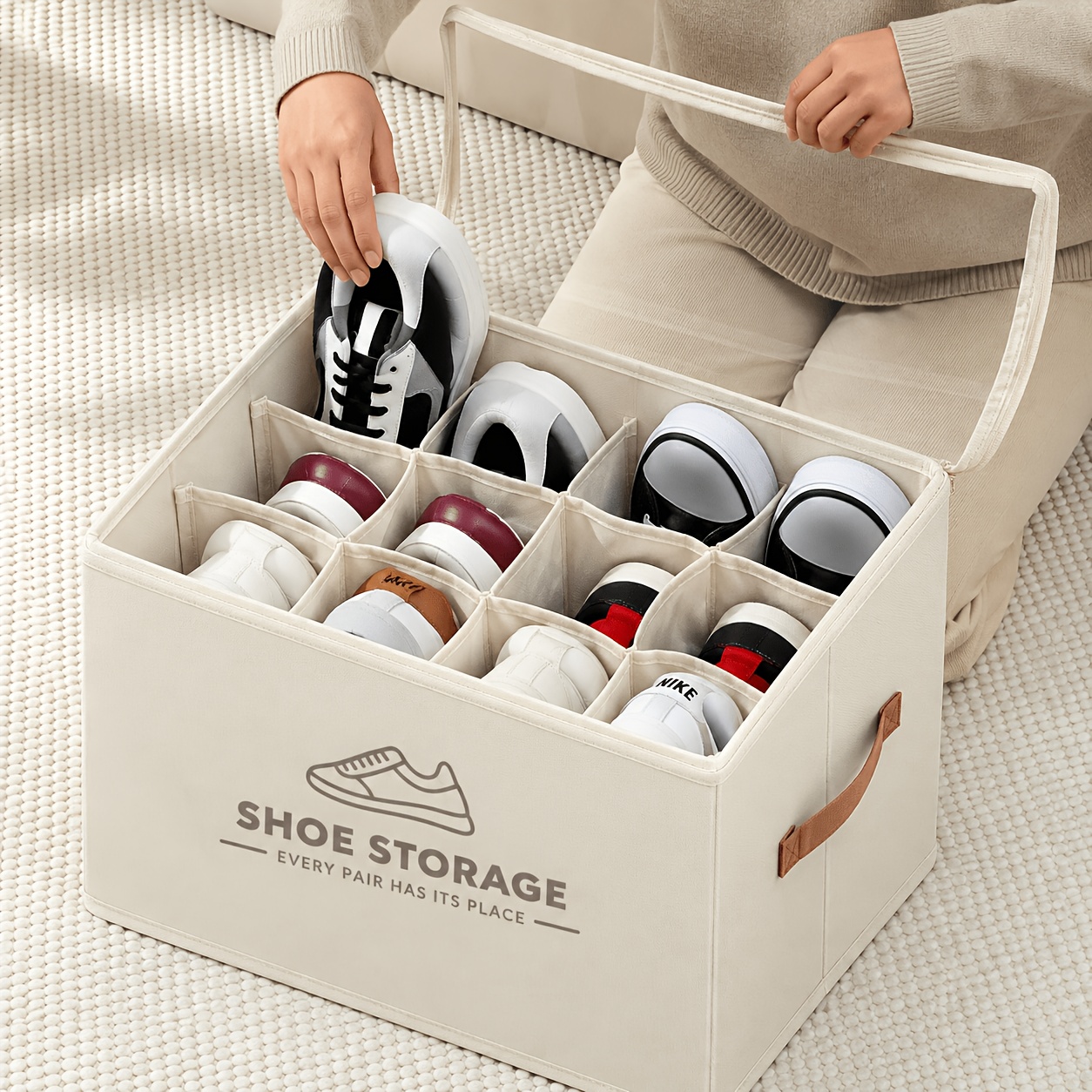 TEMU Foldable Under Bed Shoe Storage Box, Large Storage Box Organizer With Transparent Window, Heavy-duty Oxford Cloth Container With Sturdy Handles