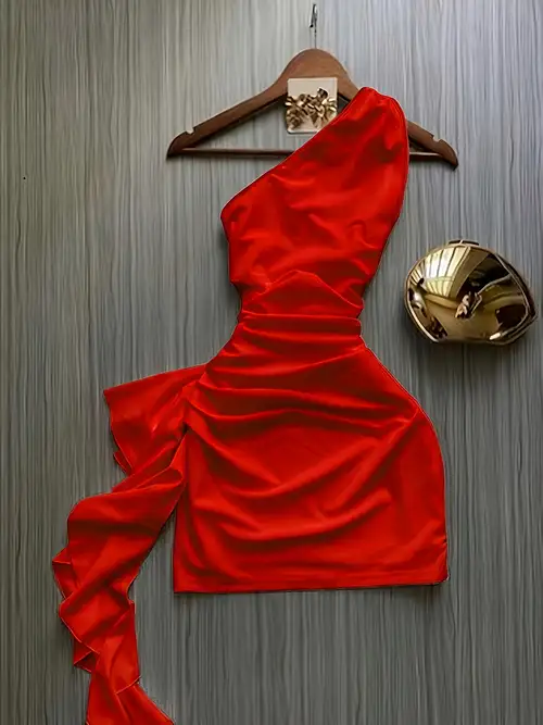 red dress with pearl straps Red Tea Length Pearl Shoulder Straps Short Prom Dress With Ruffles ZT0222