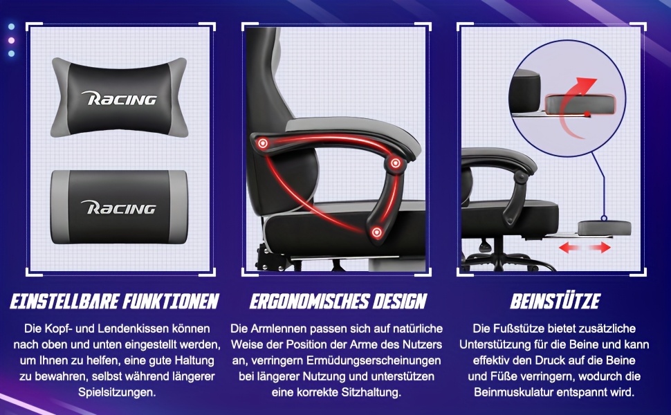 Gronfont Gaming Chair with Footrest, Ergonomic Gaming Chair with Adjustable Lumbar Cushion, Headrest Cushion, Height-Adjustable And Swivelling, PC Chair, Gaming Armchair 150kg, Black, Perfect Christmas Gift for Gamers & Home Office