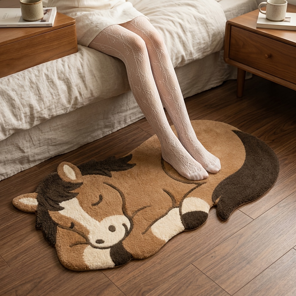 TEMU 1pc 2d Flat Surface Brown Pony Carpet, Suitable For Bedrooms, Carpets, Soft Washable Floor Mat, Irregular Horse-shaped Floor Decoration, For