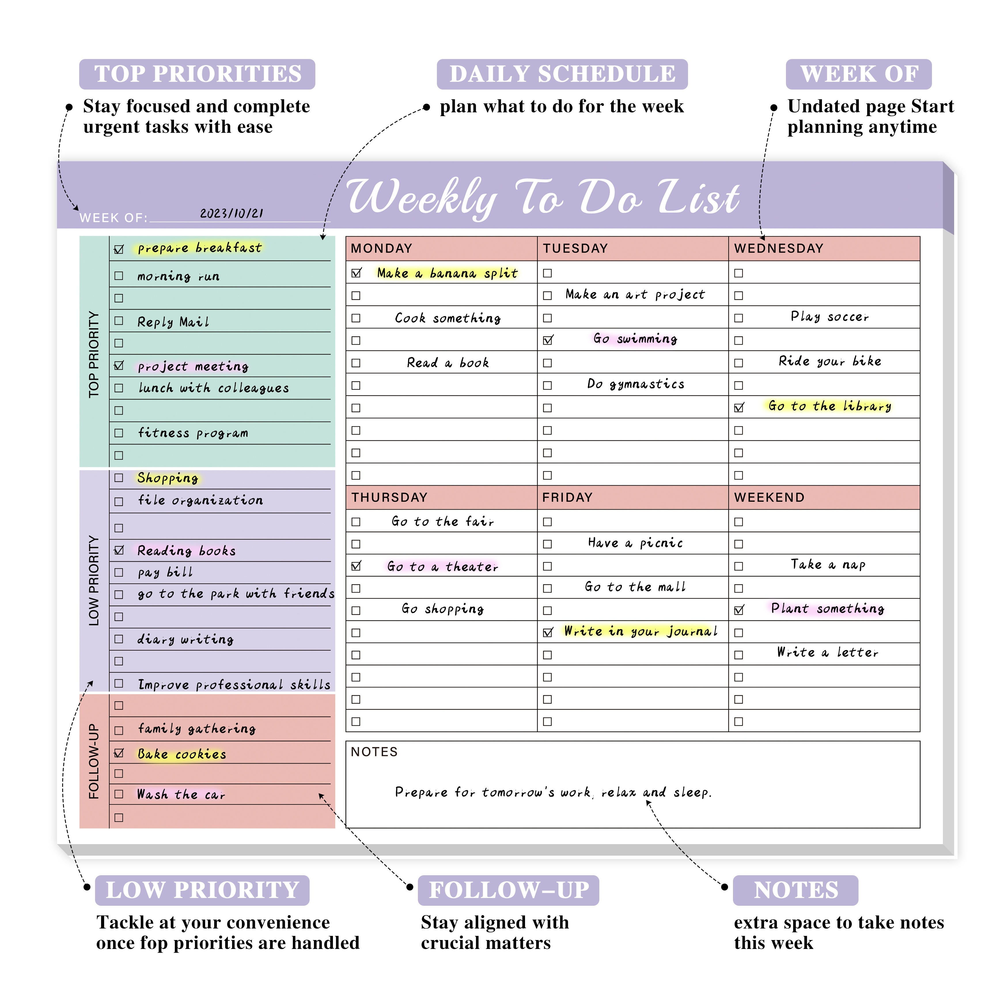 TEMU Bubu Weekly To-do List For Students - English Language Academic Planner With Pages And Thick Cardboard Back - Stay Organized With Daily Schedule And Notes Section