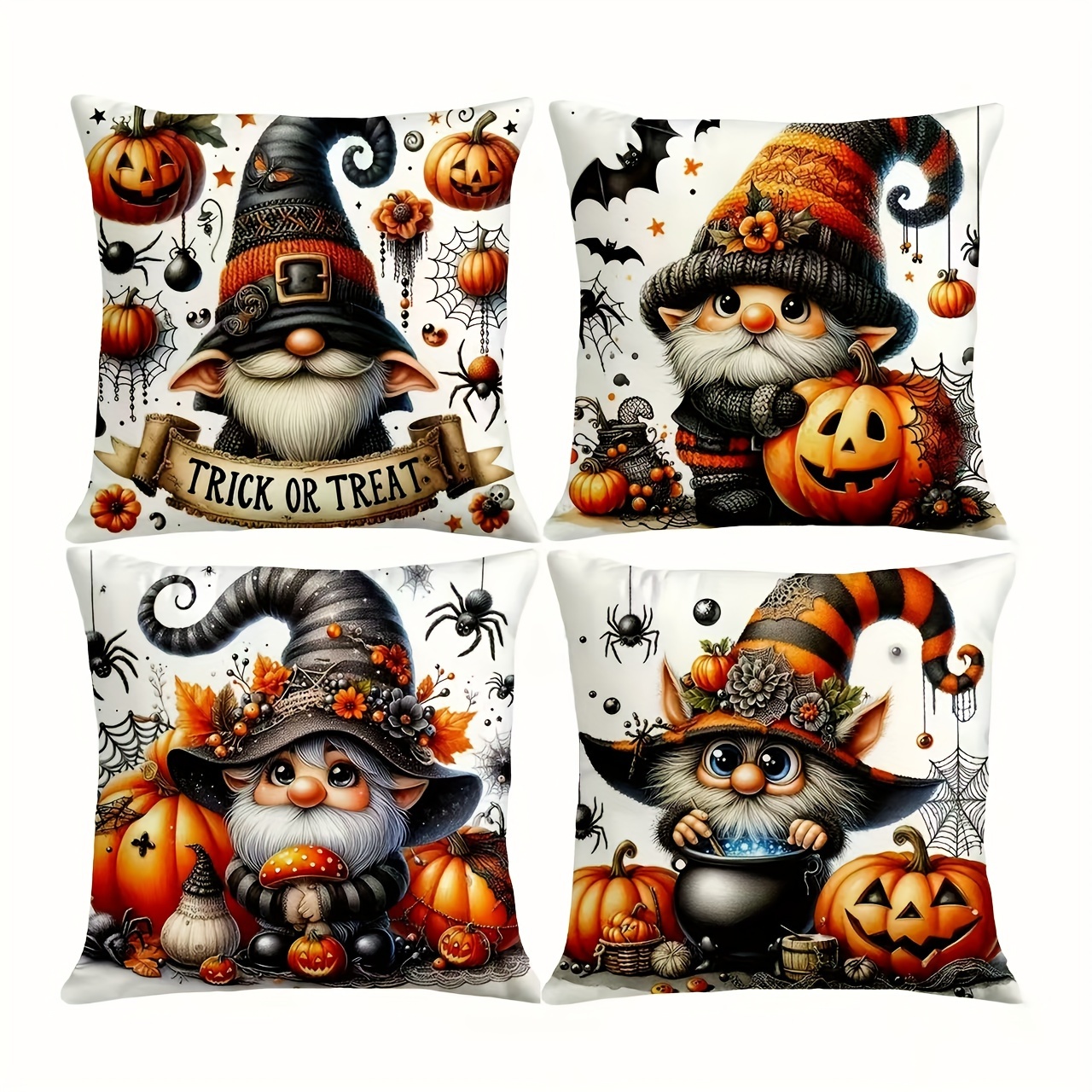 

4pcs Halloween Dwarf Pumpkin Short Plush Printed Decorative Pillowcase, Seat Cushion Back Cover, Used For Home Bedroom, Sofa Living Room Decoration, Chair Decoration Without Core