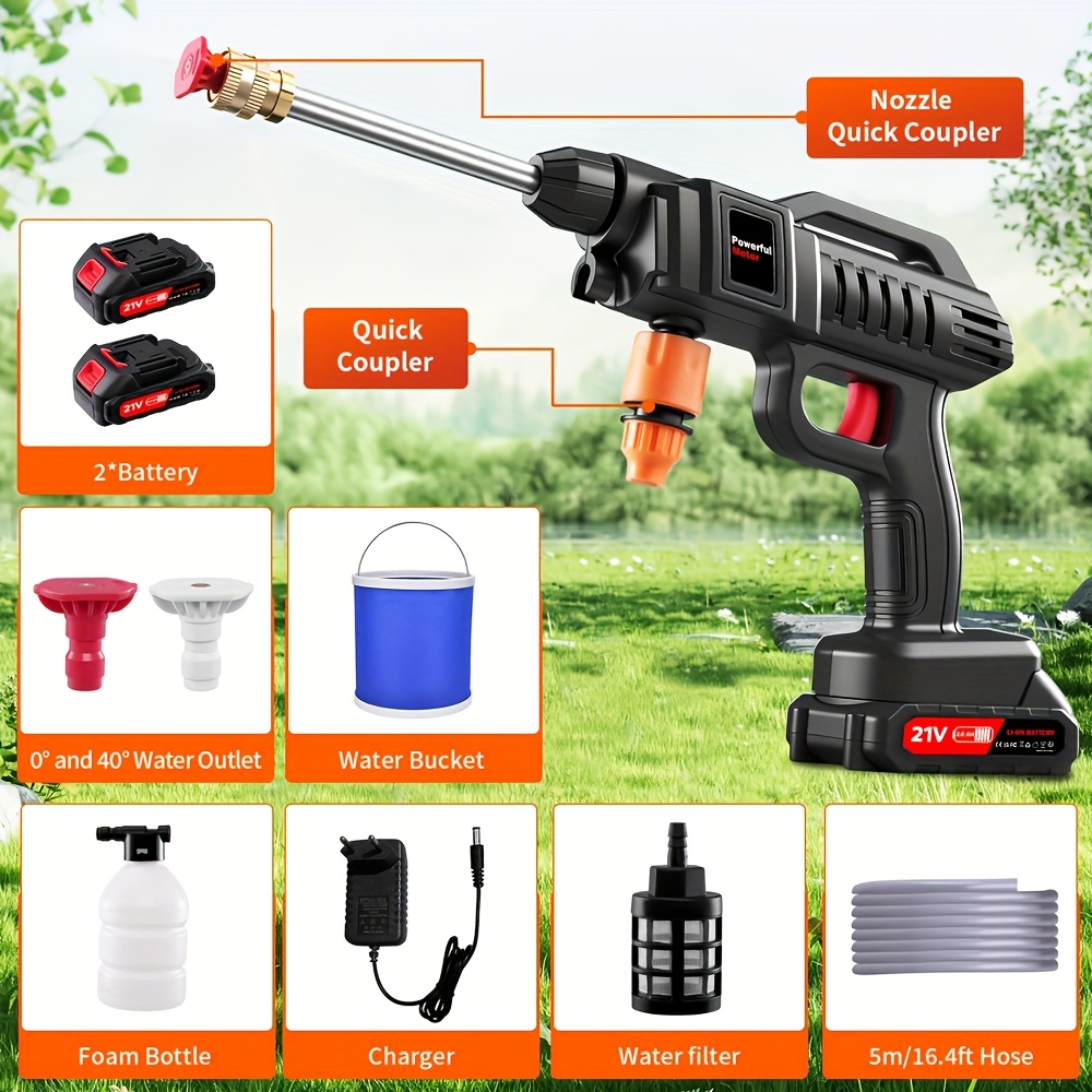 TEMU Cordless Power Washer Portable Pressure Washer Pressure Cleaner Jet Car Washer Gun With 2 Battery, Charger, Nozzles, Foam Generator, Hose, For