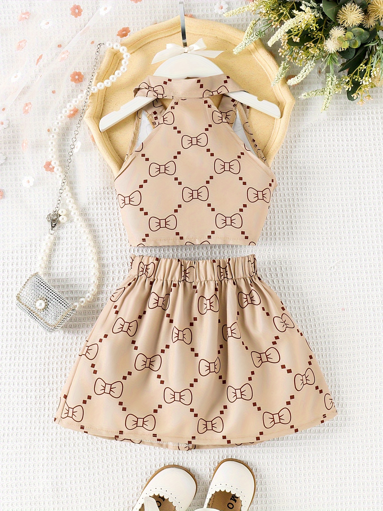 P100574 Fashion Sleeveless Top with Butterfly Knot Print And Pleated Skirt Set for Little Girls