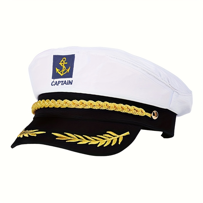 TEMU Elegant White Navy Captain Sailor Hat With Golden Braid Trim, Large Leaf Embroidery, And "captain" Text, Perfect For Yacht-themed Parties,