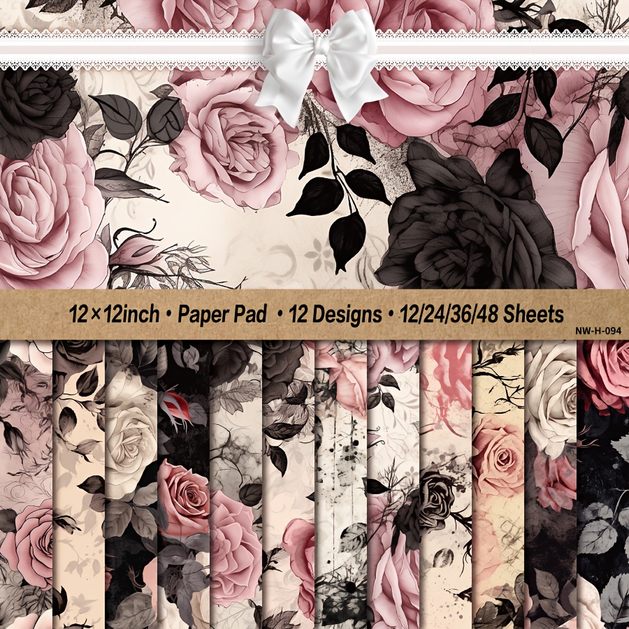 

Bloc de scrapbooking 12x12 pouces - 12/24/36/48 feuilles, cartonné à floraux roses et noirs, fond décoratif DIY pour la fabrication de cartes et le scrapbooking