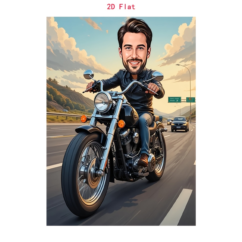 TEMU 2d Flat, 2d Flat, A 2d Design Featuring A Custom Cartoon Portrait Of A Motorcycle Rider, Depicting You As A Stylish Biker. This Makes A Perfect