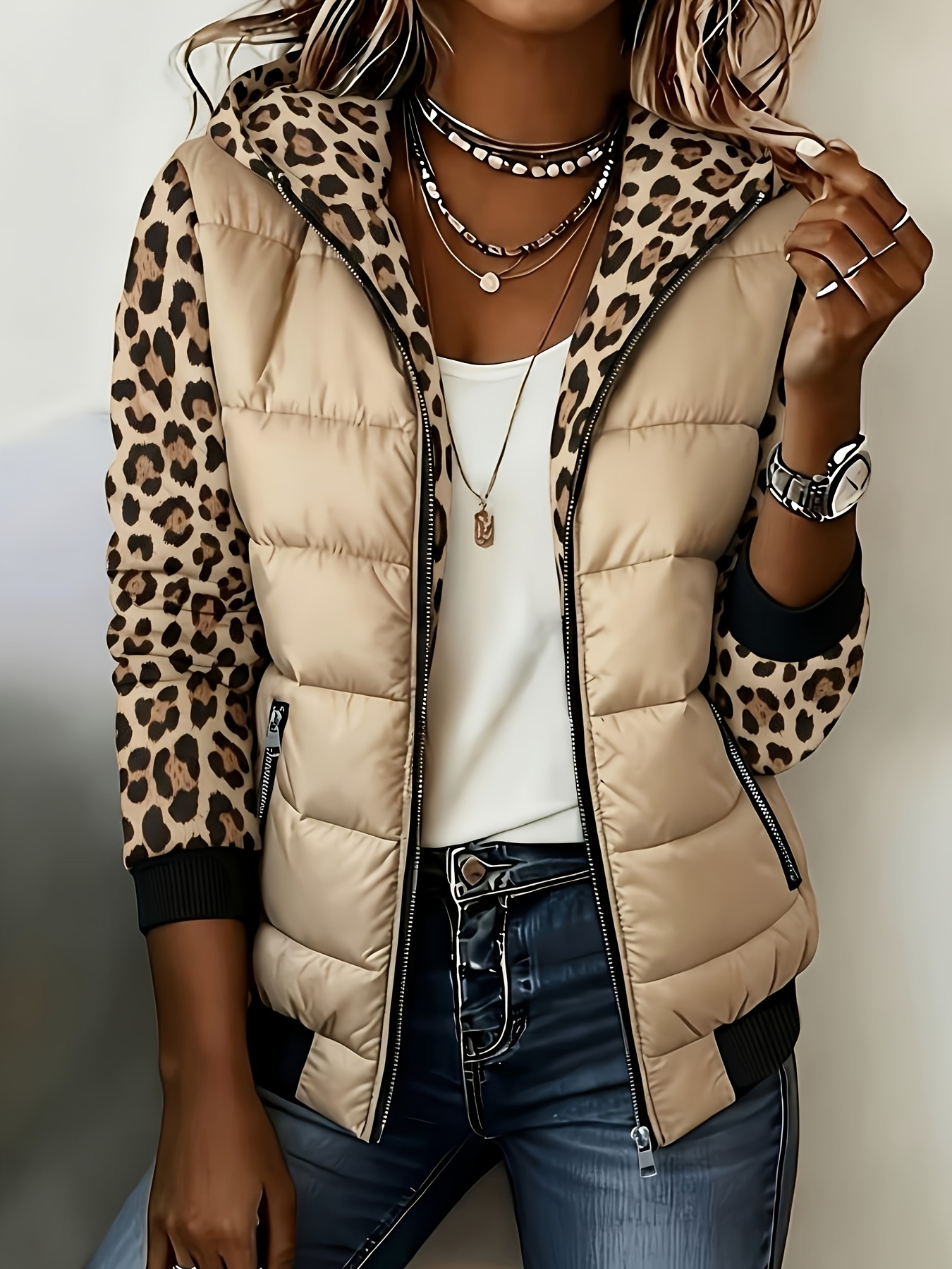 photo de l'article veste à capuche dautomne-hiver tendance, polyvalente et décontractée, avec imprimé léopard   et couleurs contrastées, manches longues côtelées de couleur contrastée avec poches,  , épaisse et chaude, veste pour femmes
