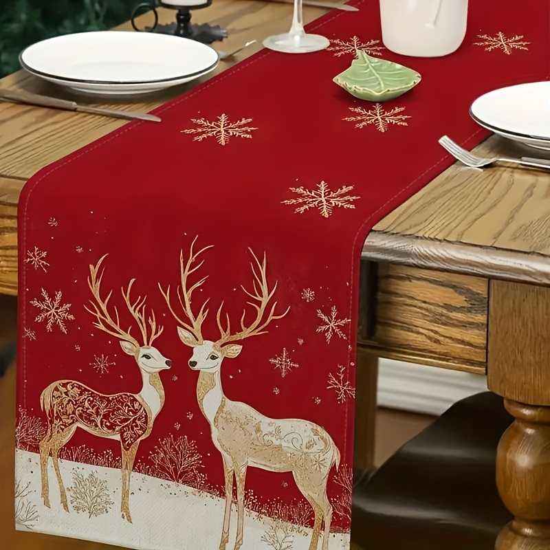 

Christmas Table Runner With Golden Reindeer And Design - 100% Polyester Rectangular Holiday Indoor And Outdoor Table Decoration, Table Decoration For Holiday Parties And New Year Celebrations